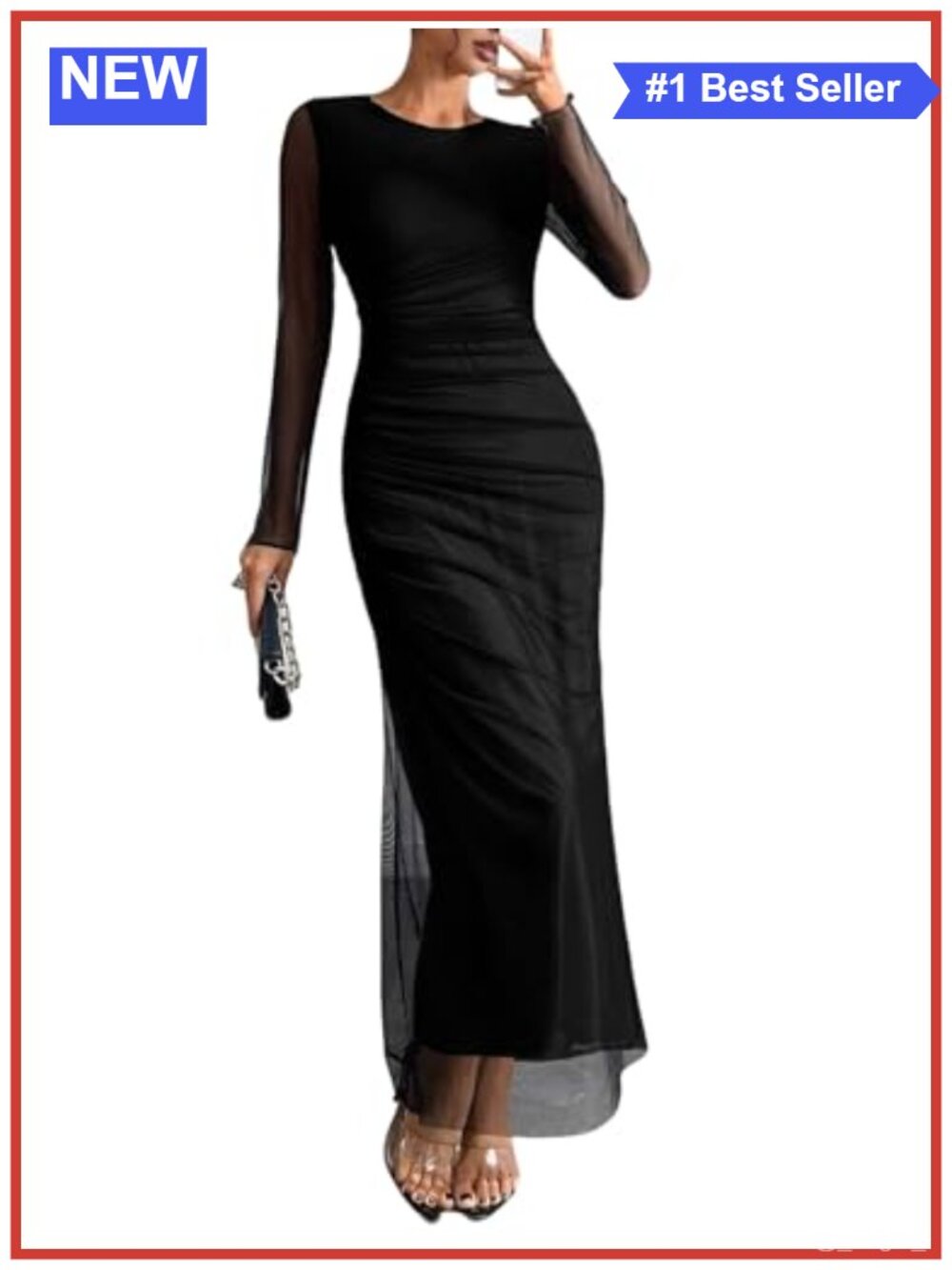 Womens Long Sleeve Maxi Dress Mesh Bodycon Ruched Formal Wedding Guest